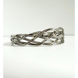Braided Silver Tone Cuff Bracelet Multi-Strand Woven Wire Unisex Boho Style